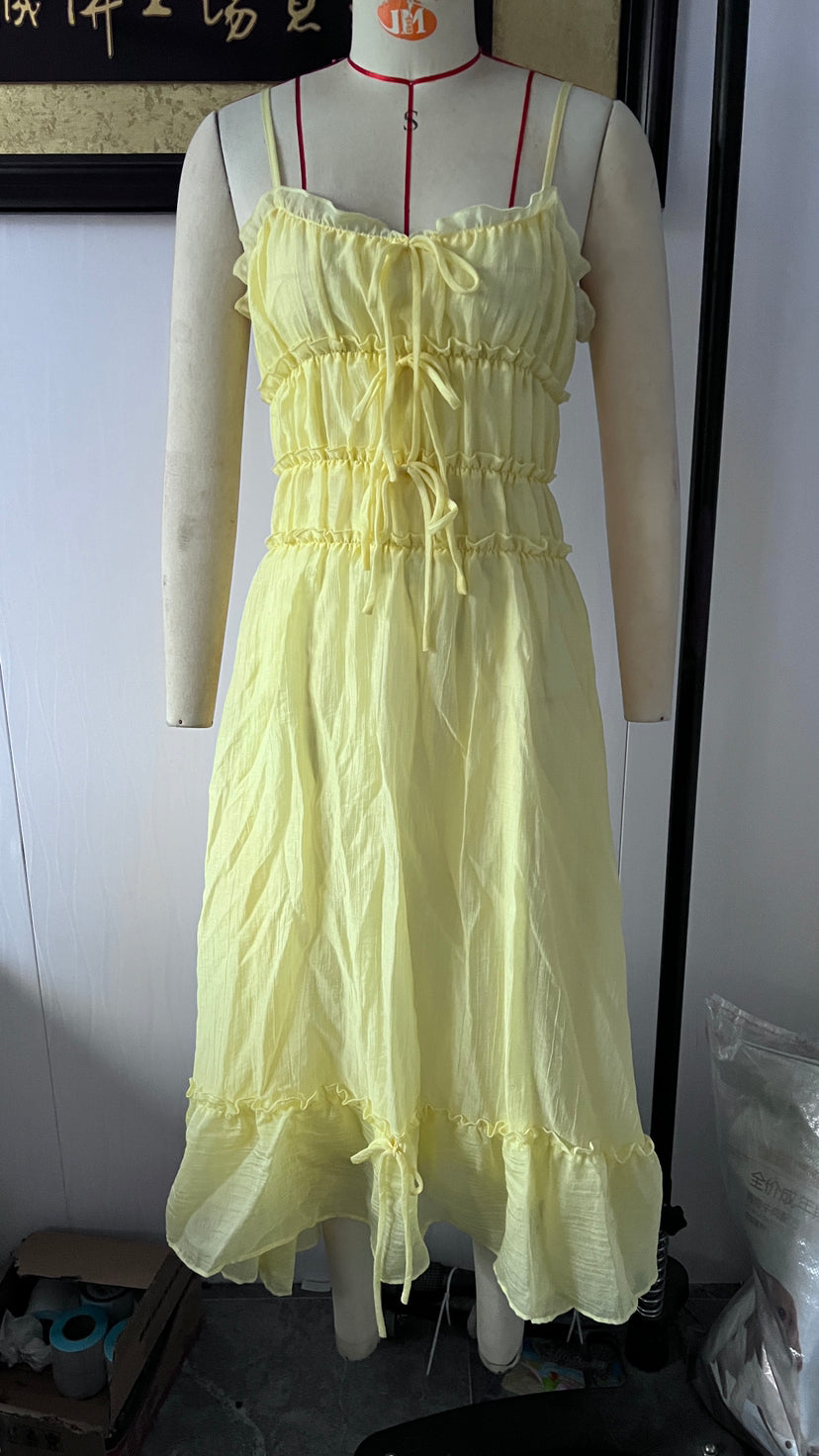 Women Strap Long Stitching Dress Elegant Shoulder Baring Sleeveless Strap Yellow