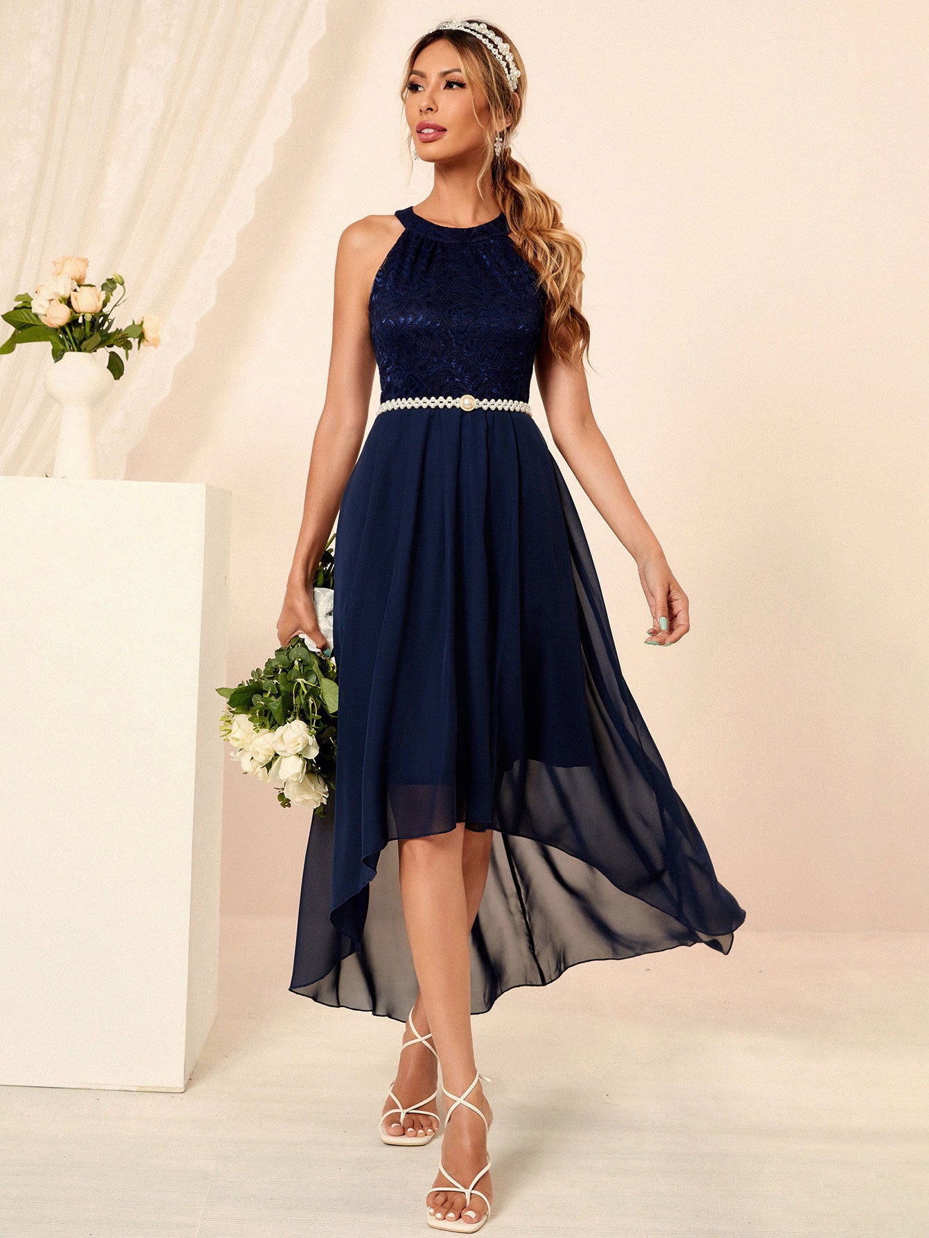 Sexy Slim Irregular Asymmetric Chiffon Dress Women Clothing Dress Navy Blue