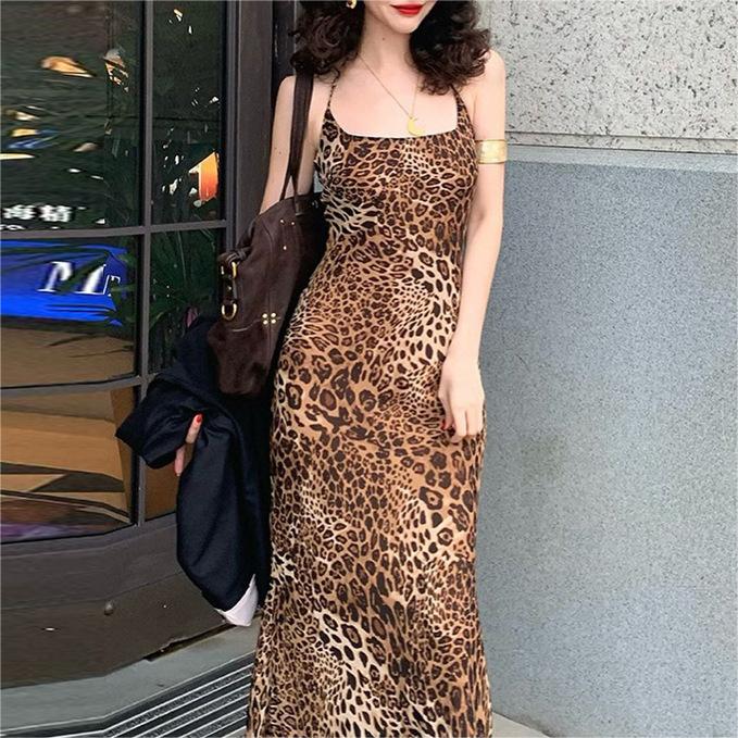 Women Clothing Summer Printed Sexy Backless Lace Up Leopard Print Dress