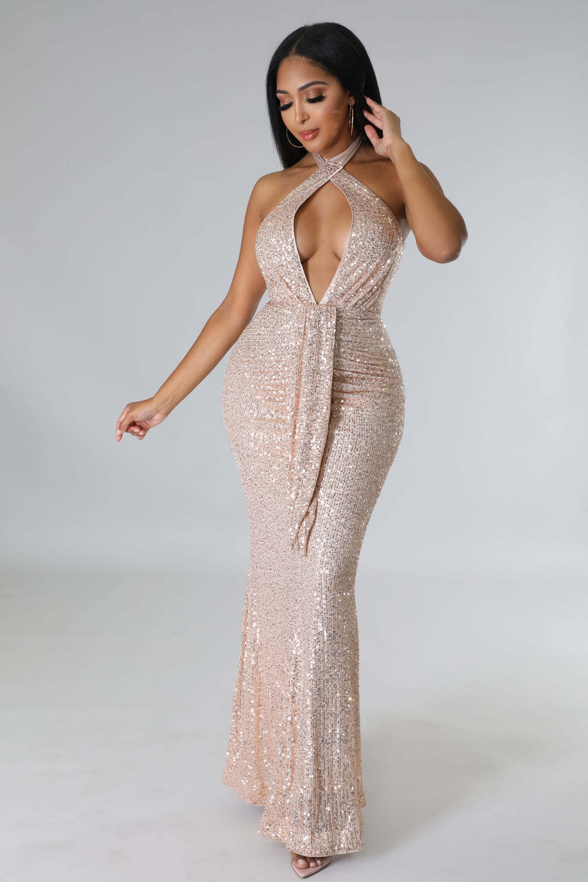 Dress Halter Cut out Ribbon Sequined Sexy Nightclub Dress