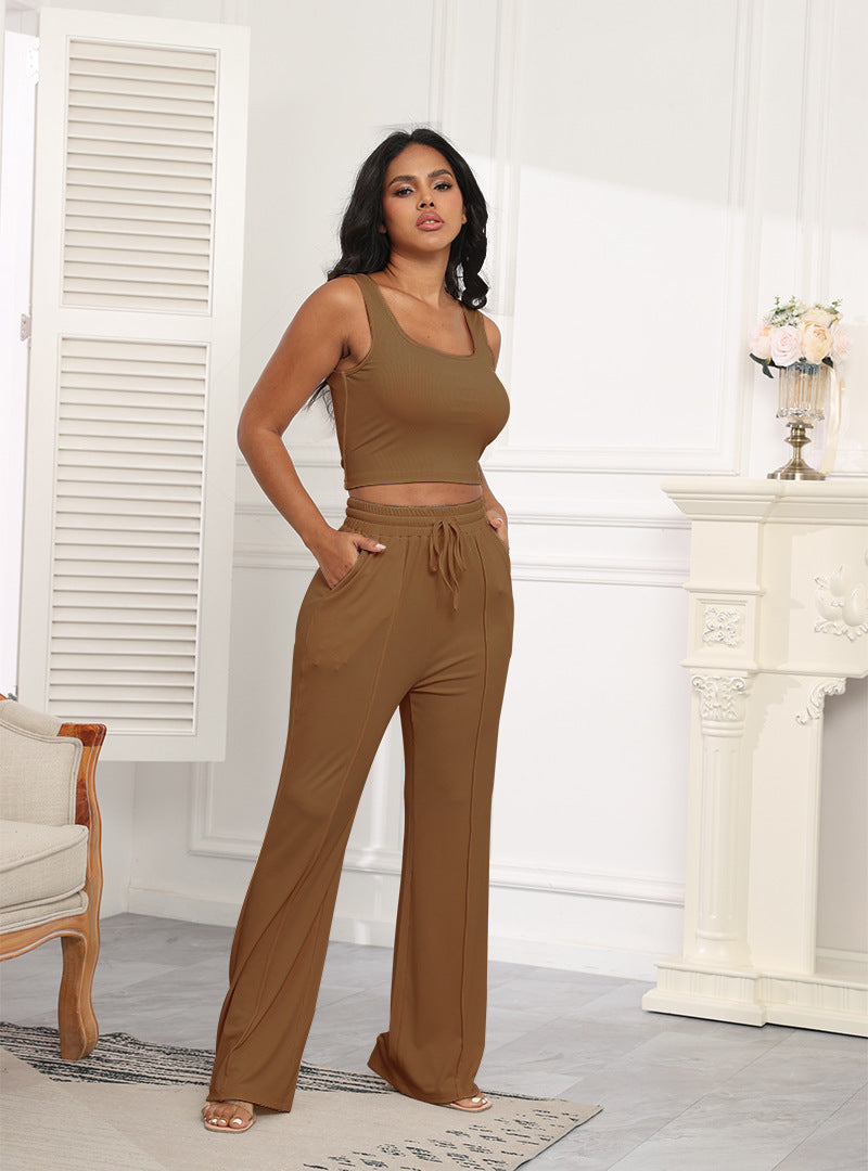 Summer Thread Knitted Sleeveless Cropped Top Women Two Piece High Waist Wide Leg Pants Suit