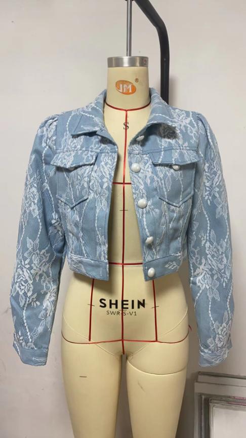 Spring Casual Loose Floral Lace Denim Jacket Light Blue