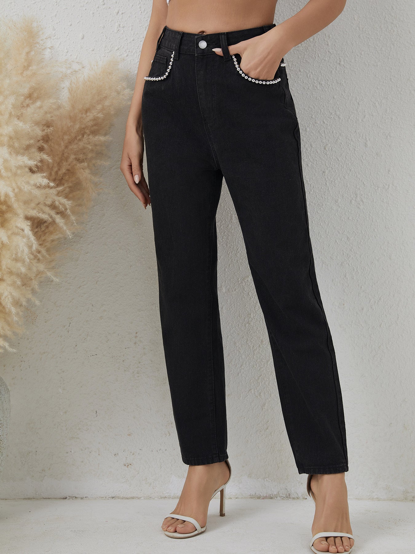 Women Narrow Pearl Straight Leg Pants High Waist Loose Slimming All Match Office Casual Jeans Black