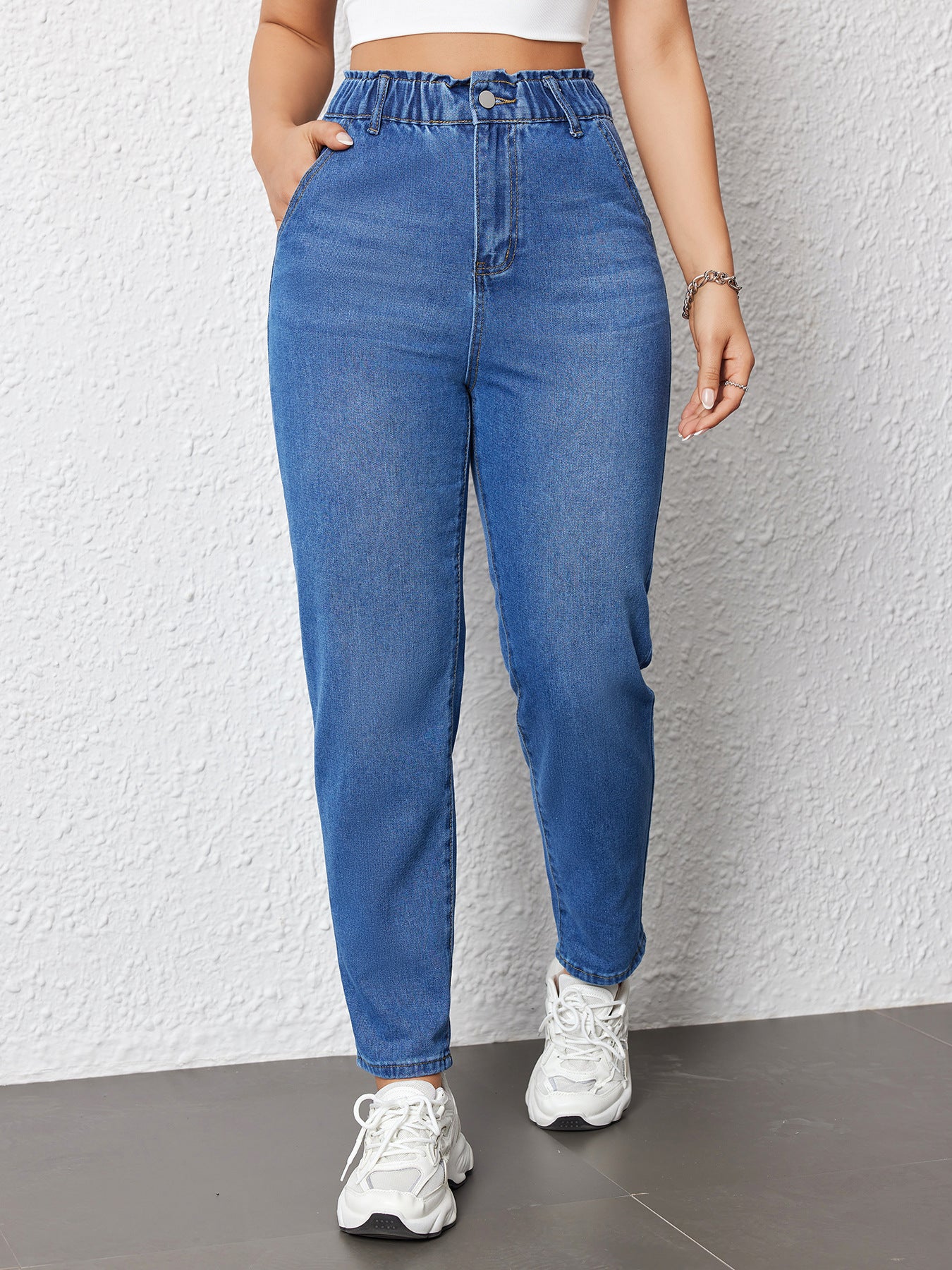 Women Elastic Straight Jeans Popular Casual Slimming Blue Color Trousers Spring Summer Blue