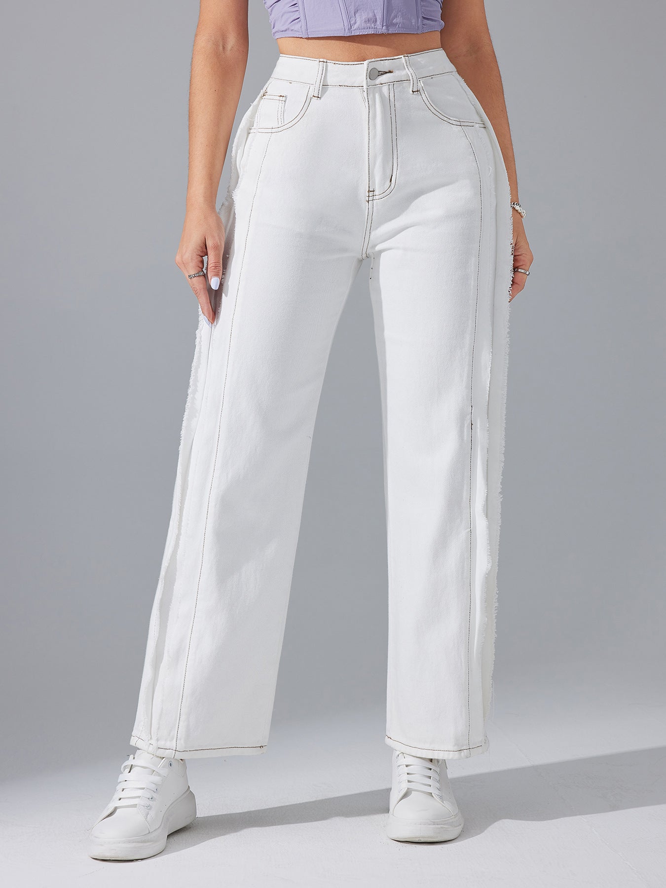 High Waist Raw Hem Straight White Jeans Spring Casual Office Loose Slimming Fashionable Design Pants White