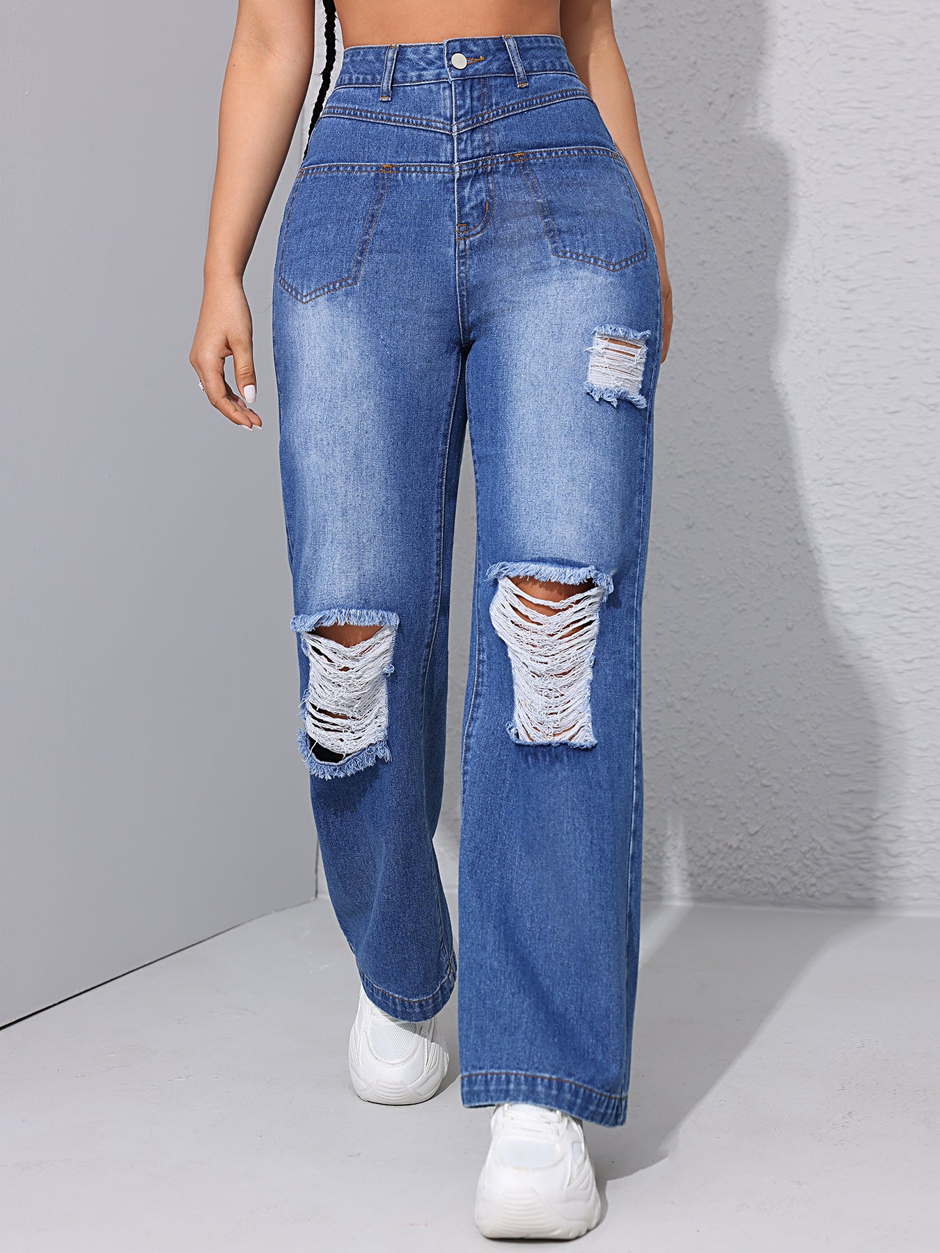 Ripped Jeans for Women Spring Summer High Waist Slimming Straight Front Bag Drape Small Straight Leg Pants Blue