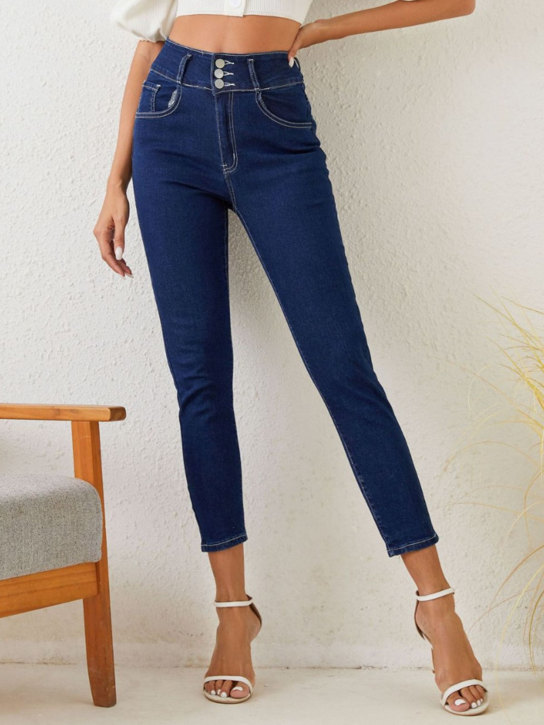 Popular High Waist Stretch Jeans Women Pencil Pants Slimming High Sexy Slim Pants Casual Navy Blue