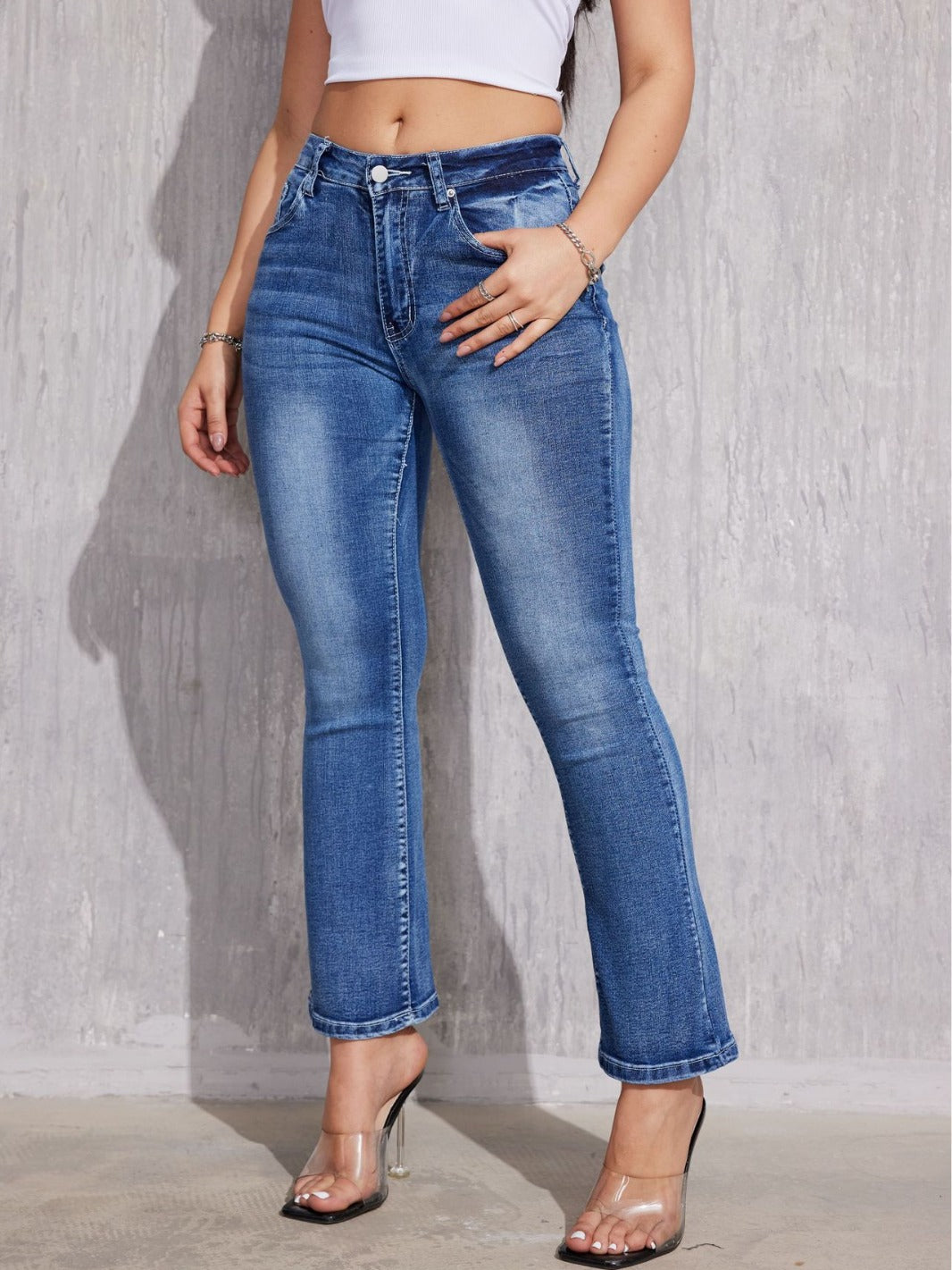 Autumn Winter Show Lines No Elastic Slim Fit Slimming Blue Denim Women All-Matching Straight Pants S Blue