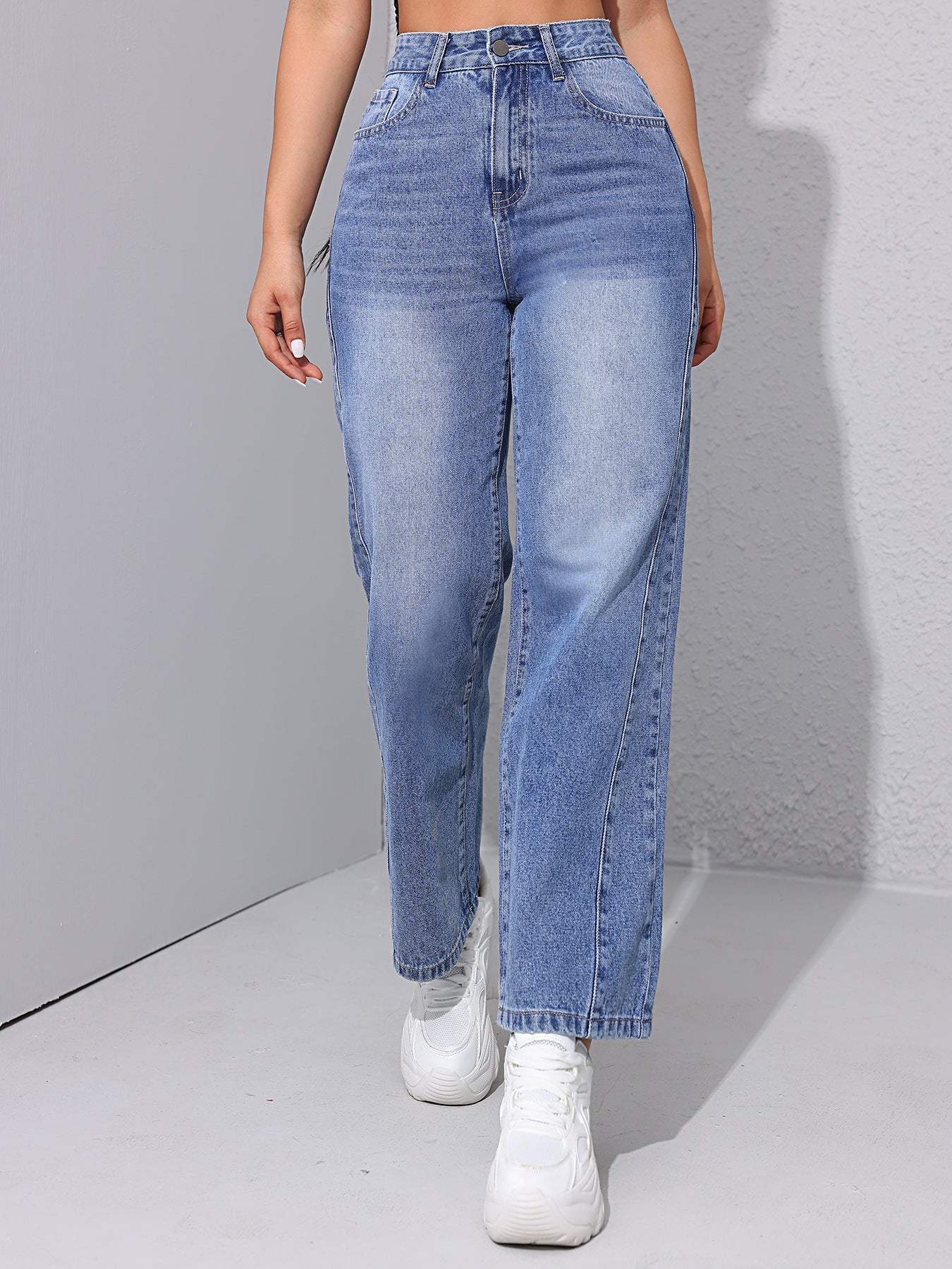 Ladies Straight Jeans Spring Summer High Waist Loose All Matching Slimming Stitching Straight Leg Pants Blue