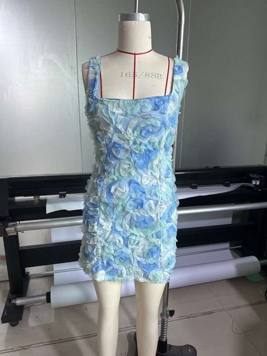 Sweet Cute Three Dimensional Floral Strap Dress skyblue