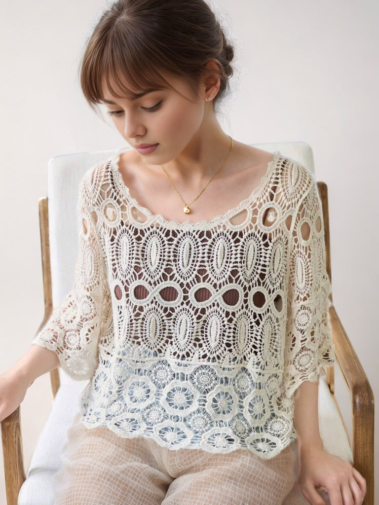 Knitted Hollow Top Wool Sweater Ivory