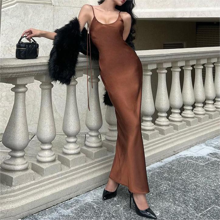 Women Clothing Summer Sexy Backless Slit Solid Color Tied Dress