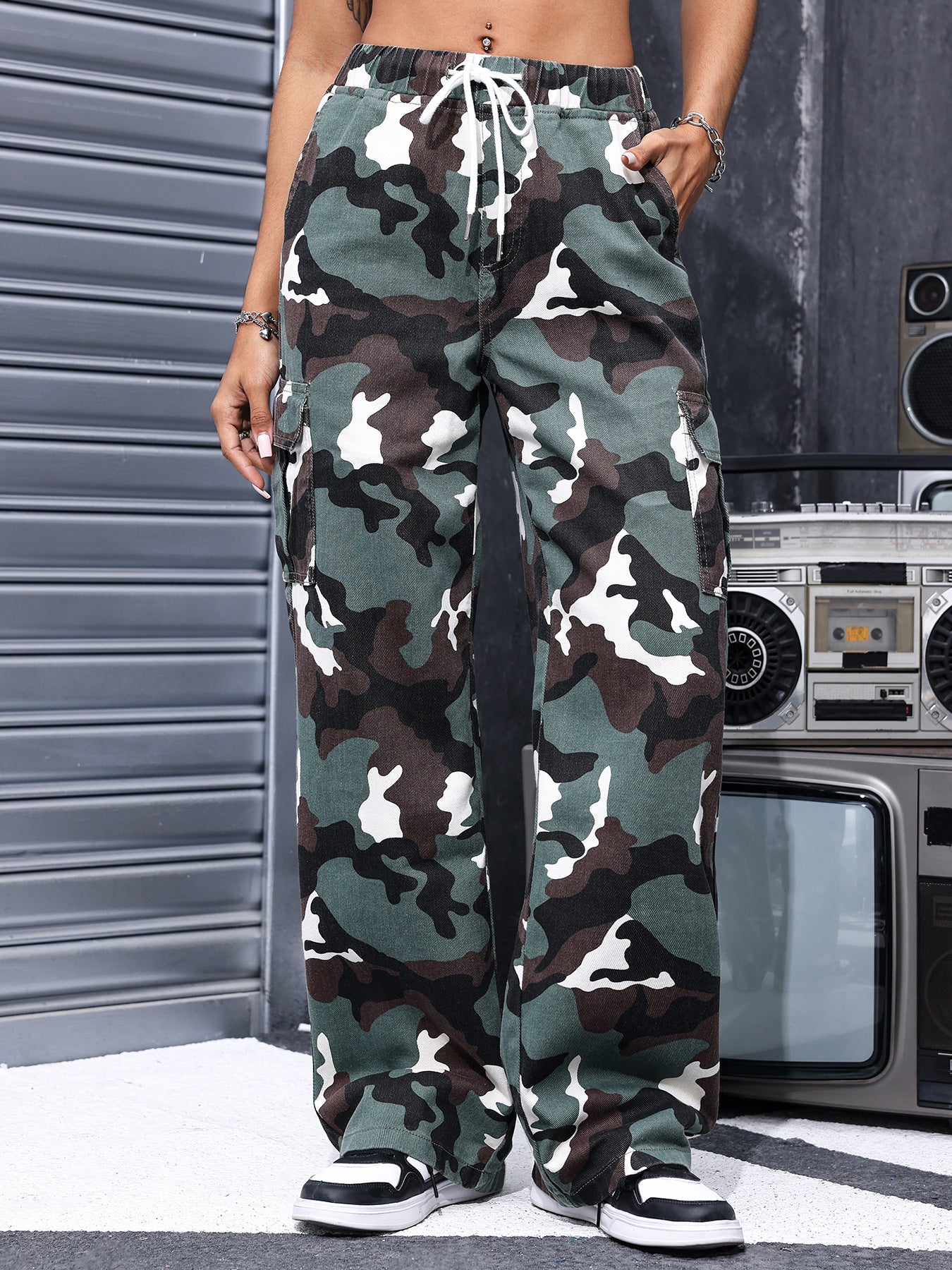 Straight Mop Casual Jeans Spring Summer Retro Camouflage Straight Drawstring Straight Leg Pants Women Olive Green