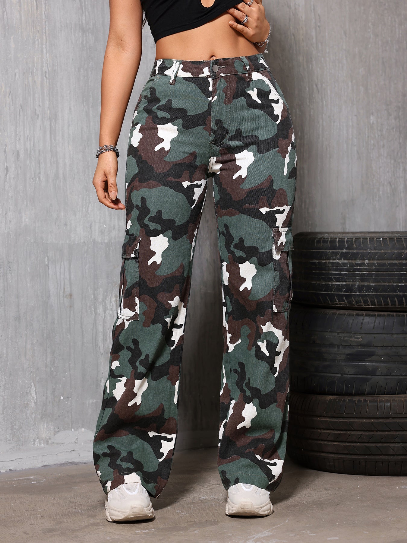 Retro Camouflage Workwear Jeans Women Summer Fried Street Sweet Cool Loose Straight Drooping Wide Leg Casual Pants Peacock green