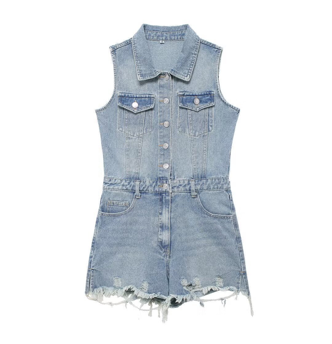 Women Clothing French Collared Sleeveless Denim Jumpsuit Wild Jumpsuit