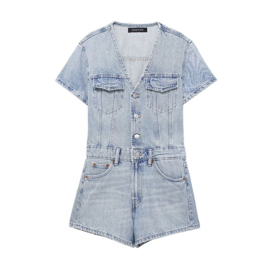 Women Clothing French Waist Denim Shirt jumpsuit Blue