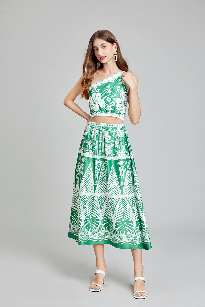 Women Summer Sleeveless Daily Elegant Asymmetric Skirt Sets Green