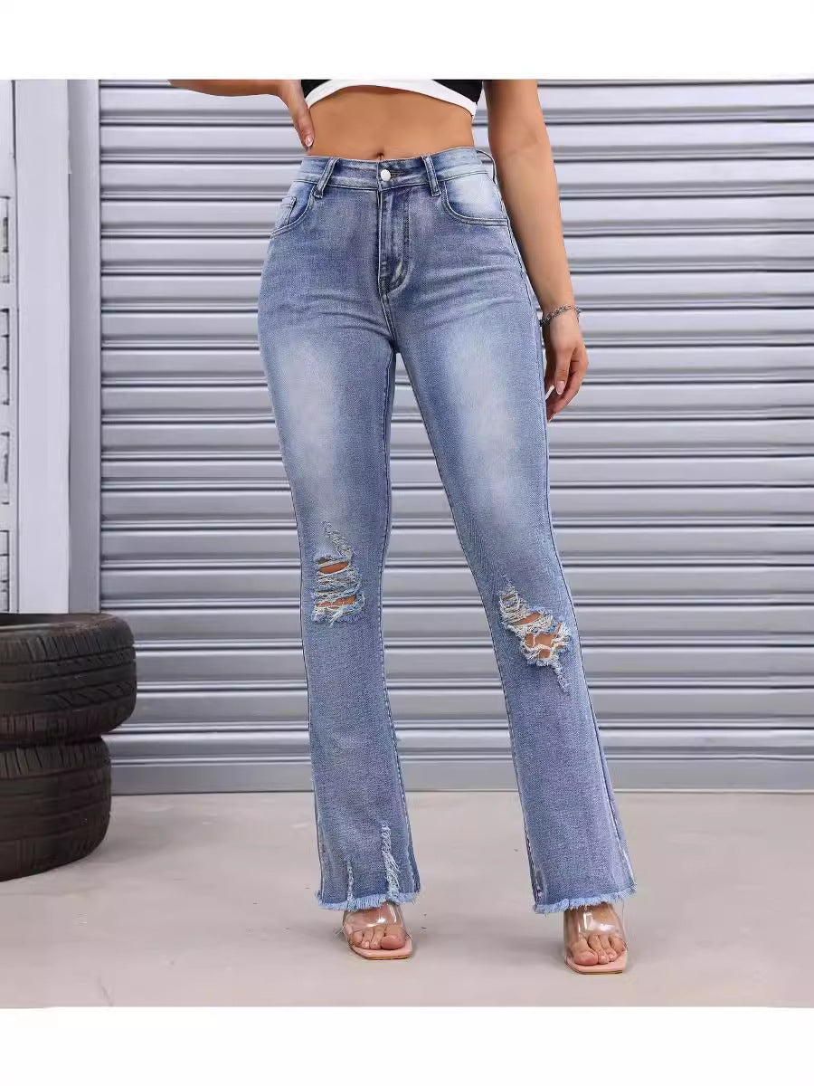 Spring Summer Micro Pull Ripped Thin Looking Office Straight Slightly Flared Jeans Blue