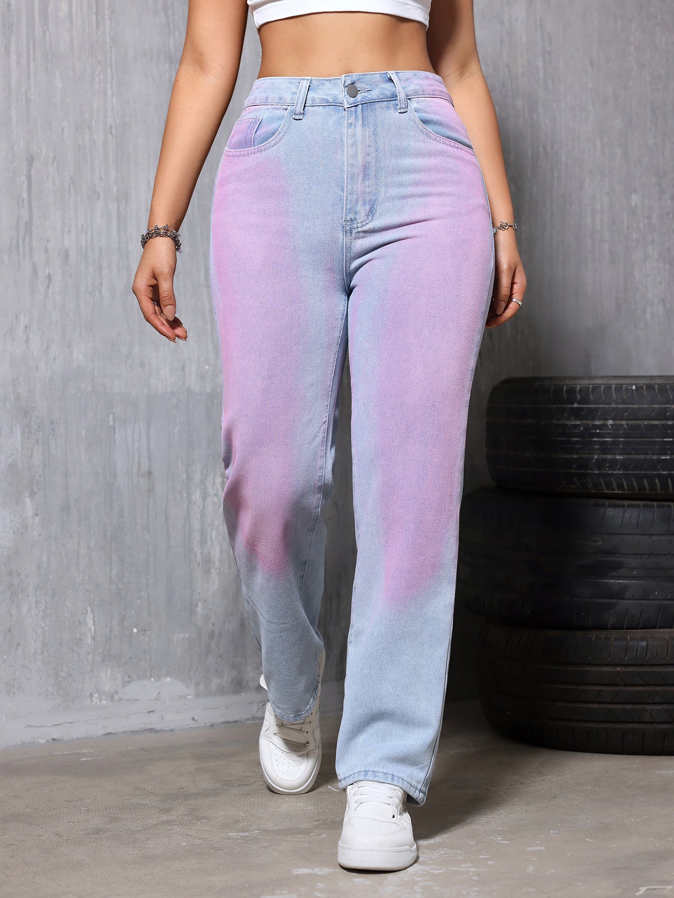 Women High Waist Dyed Straight Jeans Small Loose Slimming All Matching Casual Pants Light Blue