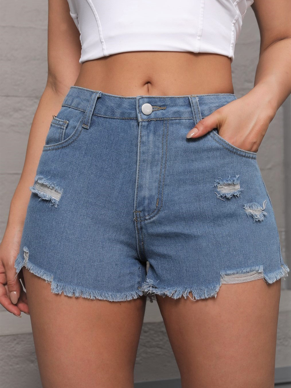 Platform Street Hipster Ripped Straight Pants Women Denim Shorts Blue