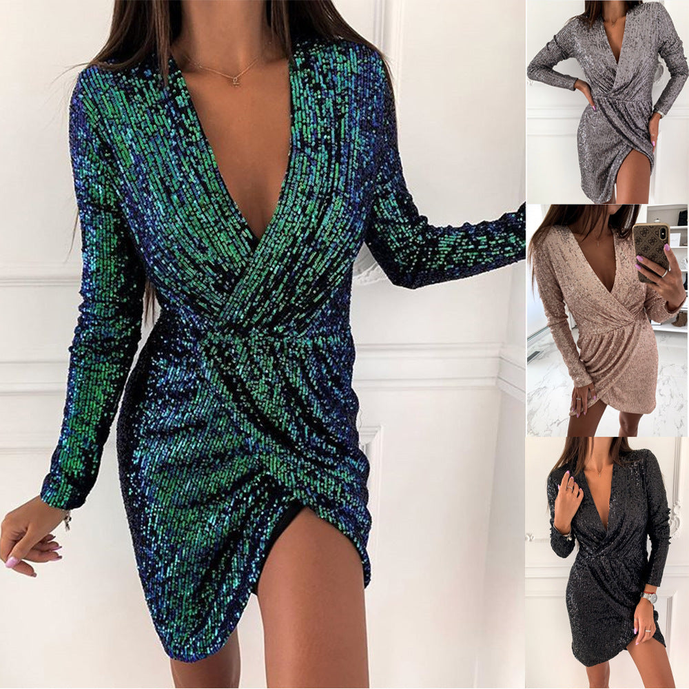 Women Beaded Dress Long Sleeve V-neck Mini Dress