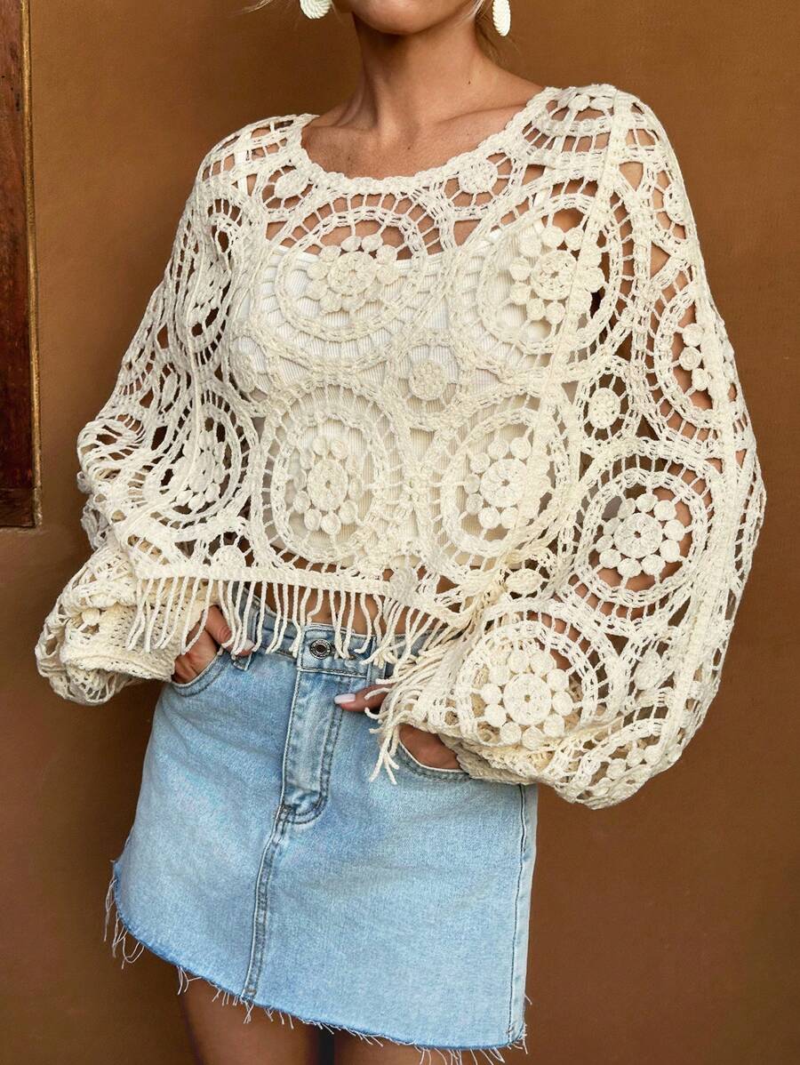 Women Summer Vacation Long Sleeve Solid Short Top Ivory