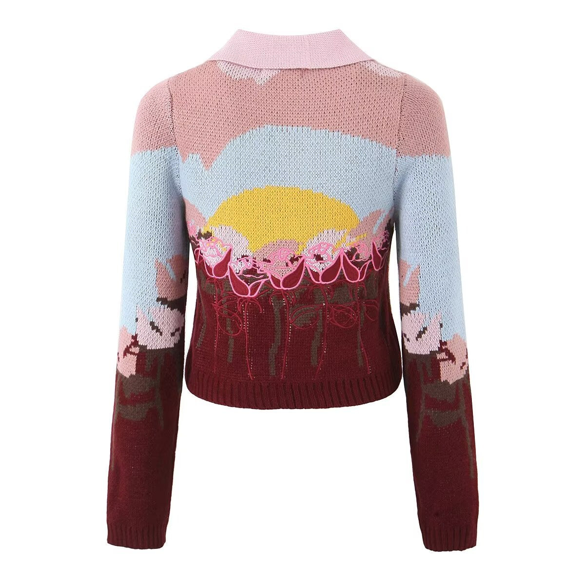 Women Clothing Autumn Winter Knitted Cardigan Sweet Embroidery Collared Sweater Coat