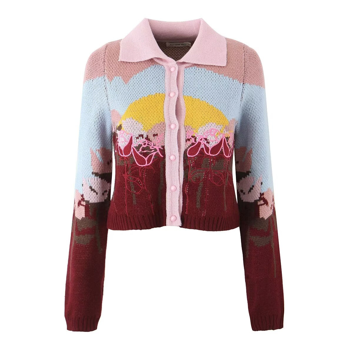 Women Clothing Autumn Winter Knitted Cardigan Sweet Embroidery Collared Sweater Coat Burgundy