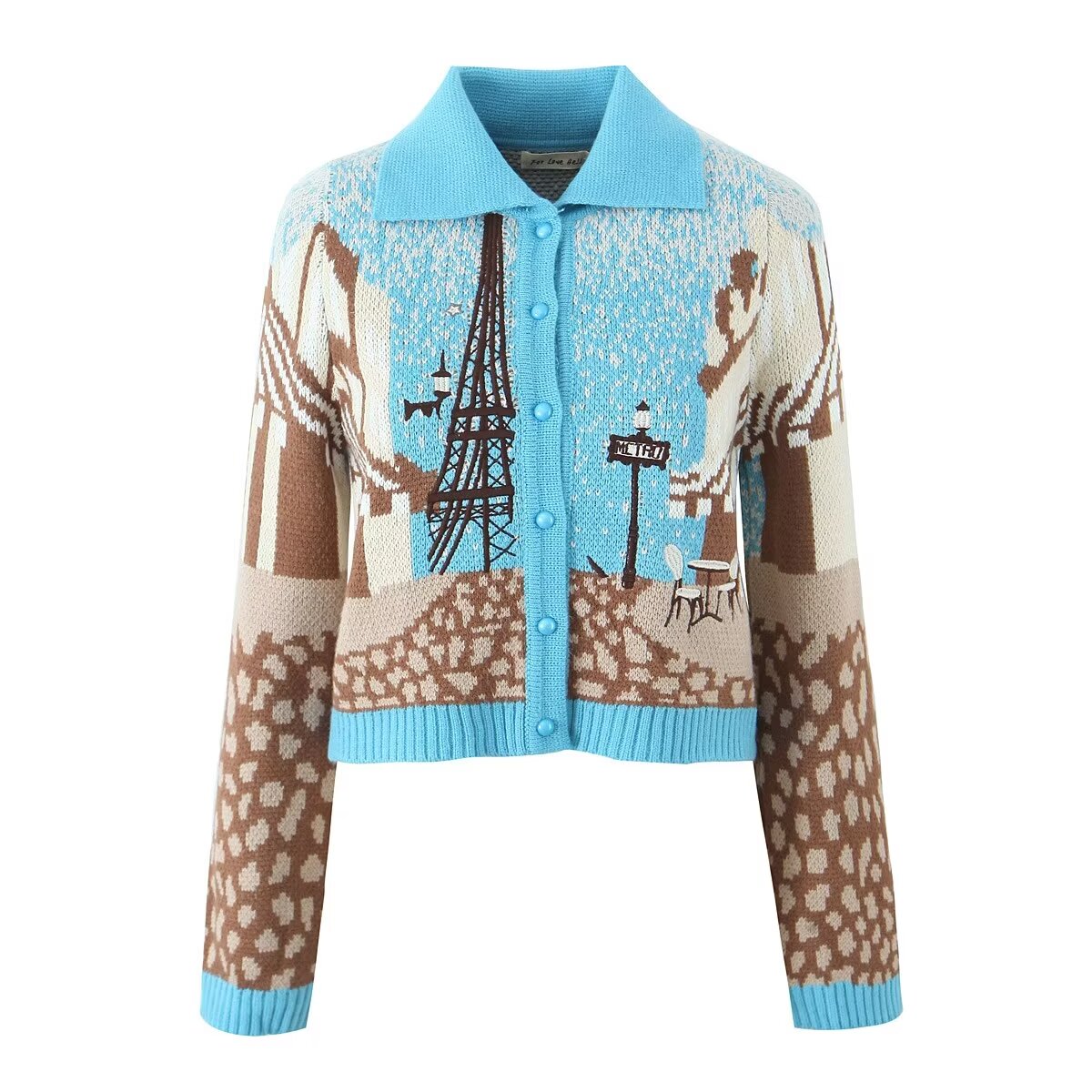 Women Clothing Autumn Winter Knitted Cardigan Sweet Embroidery Collared Sweater Coat Light Blue