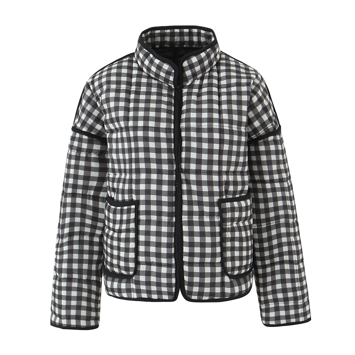 Women Clothing Casual Simple Black White Plaid Colorblock Jacket Small Cotton Padded Jacket Multi