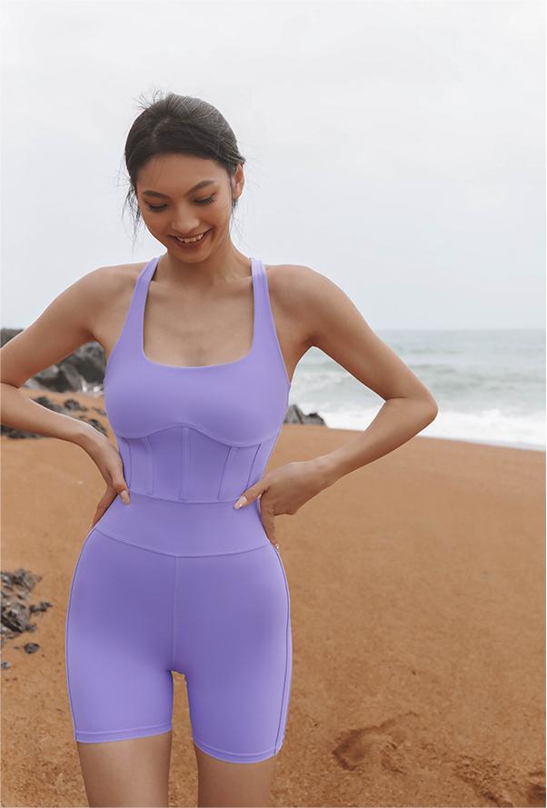 Sleeveless One Piece Workout Clothes Women Back Cross Sports Yoga Suit Boning Corset Belly Contracting Hip Lifting Jumpsuit Women Purple