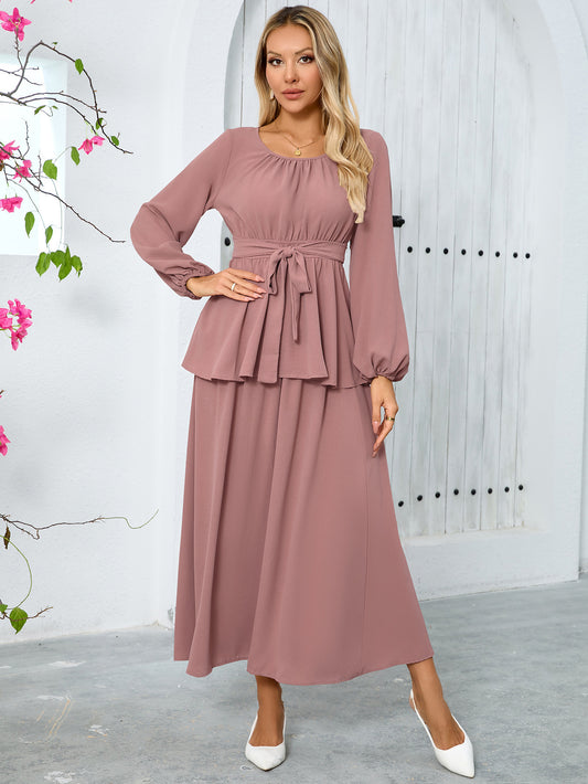 Women Elegant Round Neck Lantern Long Sleeve Top Long Skirt Mid Skirt Two Piece Set Skirt