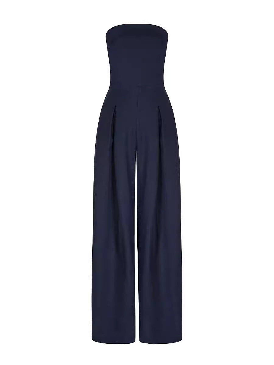 Women Casual Backless Slim Fit Smocking Jumpsuit Navy Blue