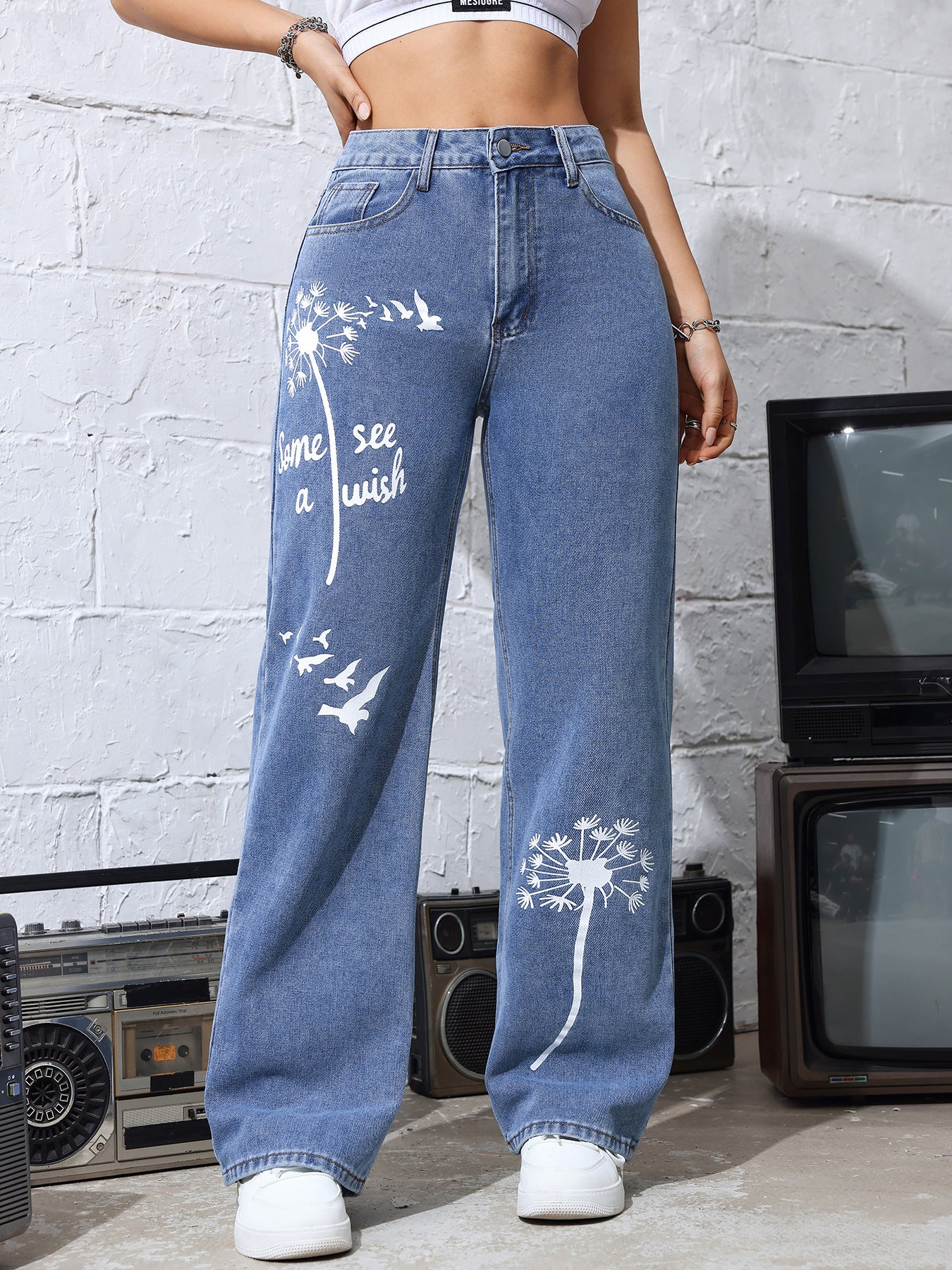 Women Printing Stylish Jeans Women High Waist Baggy Straight Trousers Blue