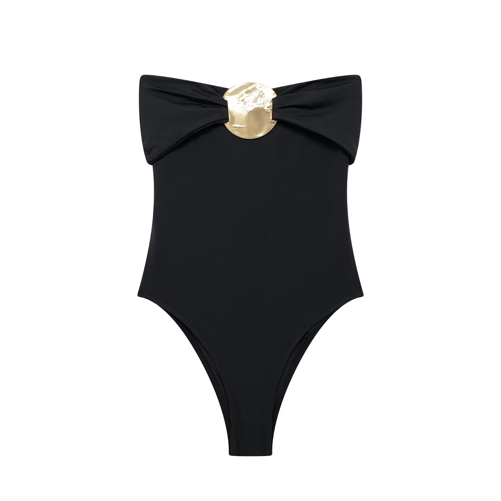 Summer Women Clothing Metal Decoration Off Neck Black Swimsuit