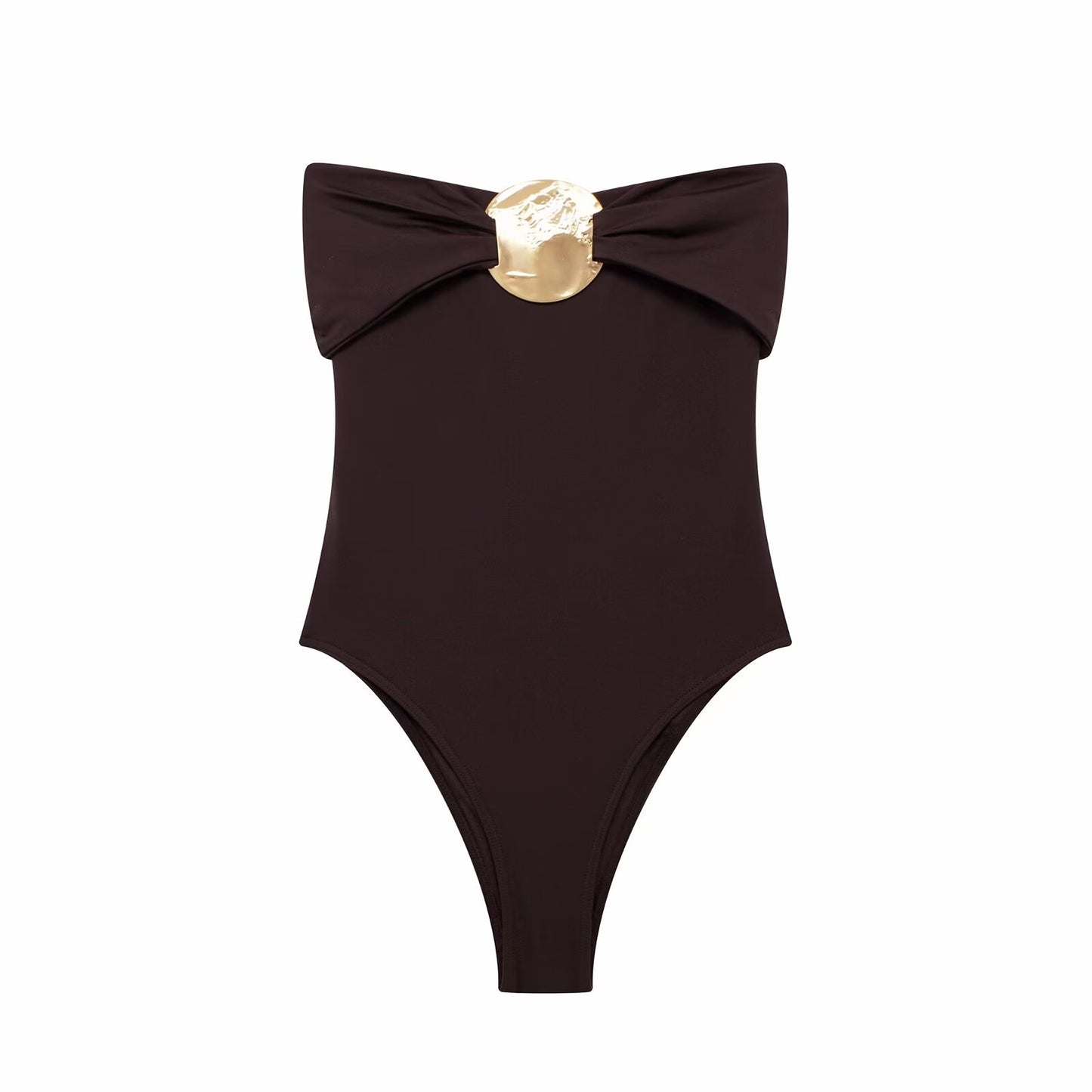 Summer Women Clothing Metal Decoration Off Neck Black Swimsuit Chestnut