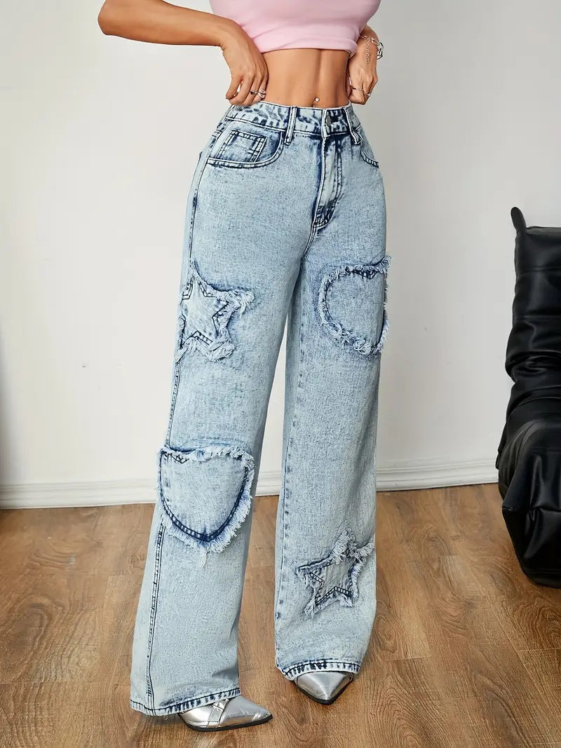 Retro Jeans Women Spring Autumn Street Five Pointed Star Embroidery Baggy Straight Trousers High Waist Blue