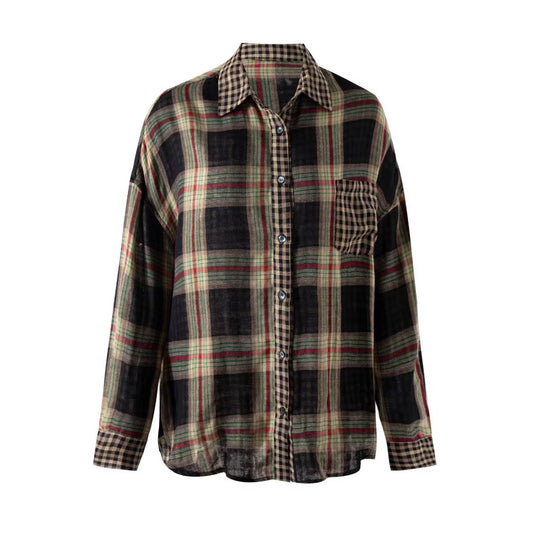 Retro Spliced Plaid Blouse Women Autumn Loose Casual Long Sleeves Couple Clothes Stylish Shirt