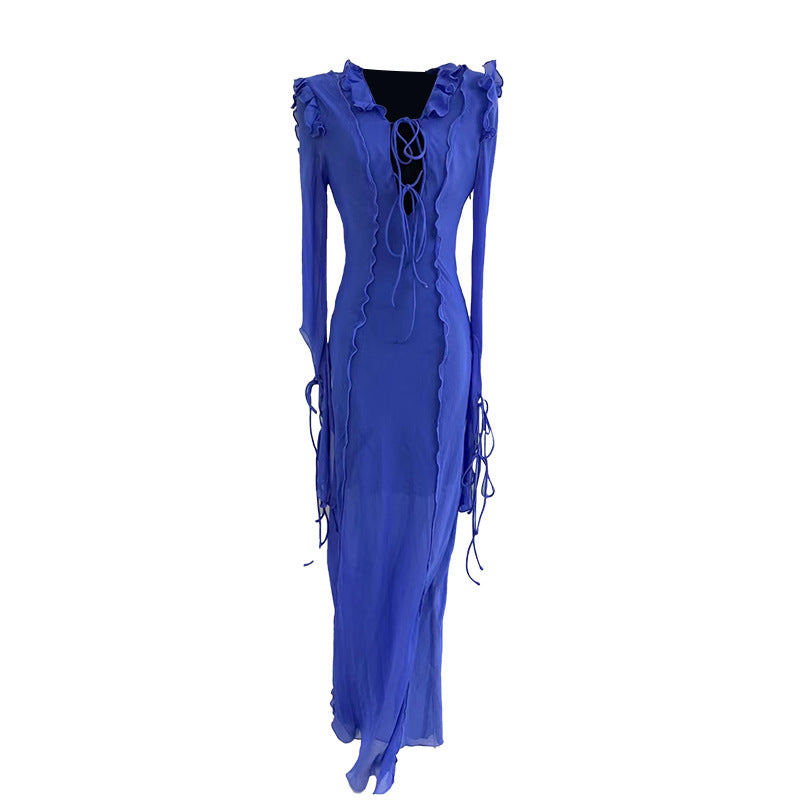 Trendy Court Dress Summer V neck Lace up Design Long Sleeve A line Solid Color Dress Women Blue