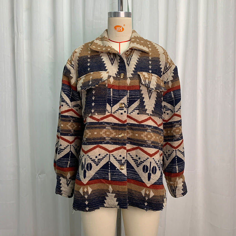 Autumn Winter Aztec Jacket Thick Retro Aztec Printed Woolen Coat royal blue