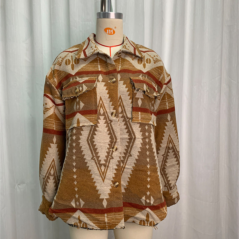 Autumn Winter Aztec Jacket Thick Retro Aztec Printed Woolen Coat Khaki