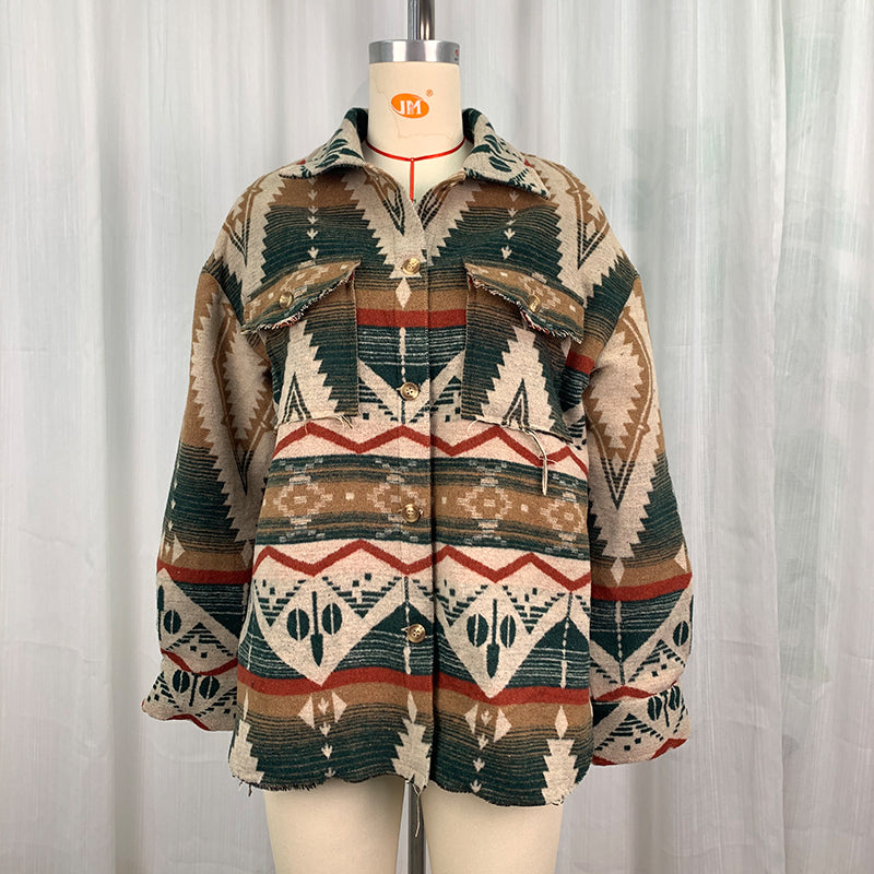 Autumn Winter Aztec Jacket Thick Retro Aztec Printed Woolen Coat Army Green