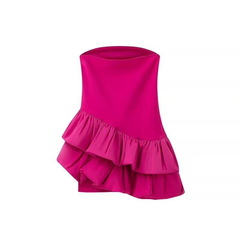 Tube Top Irregular Asymmetric Slim Fit Women Clothing Ruffled Summer Stitching Mini Dress Rose Red