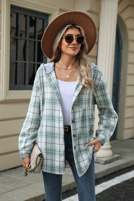 Autumn Winter Plaid Contrast Color Hooded Long Sleeve Loose Woolen Coat Women