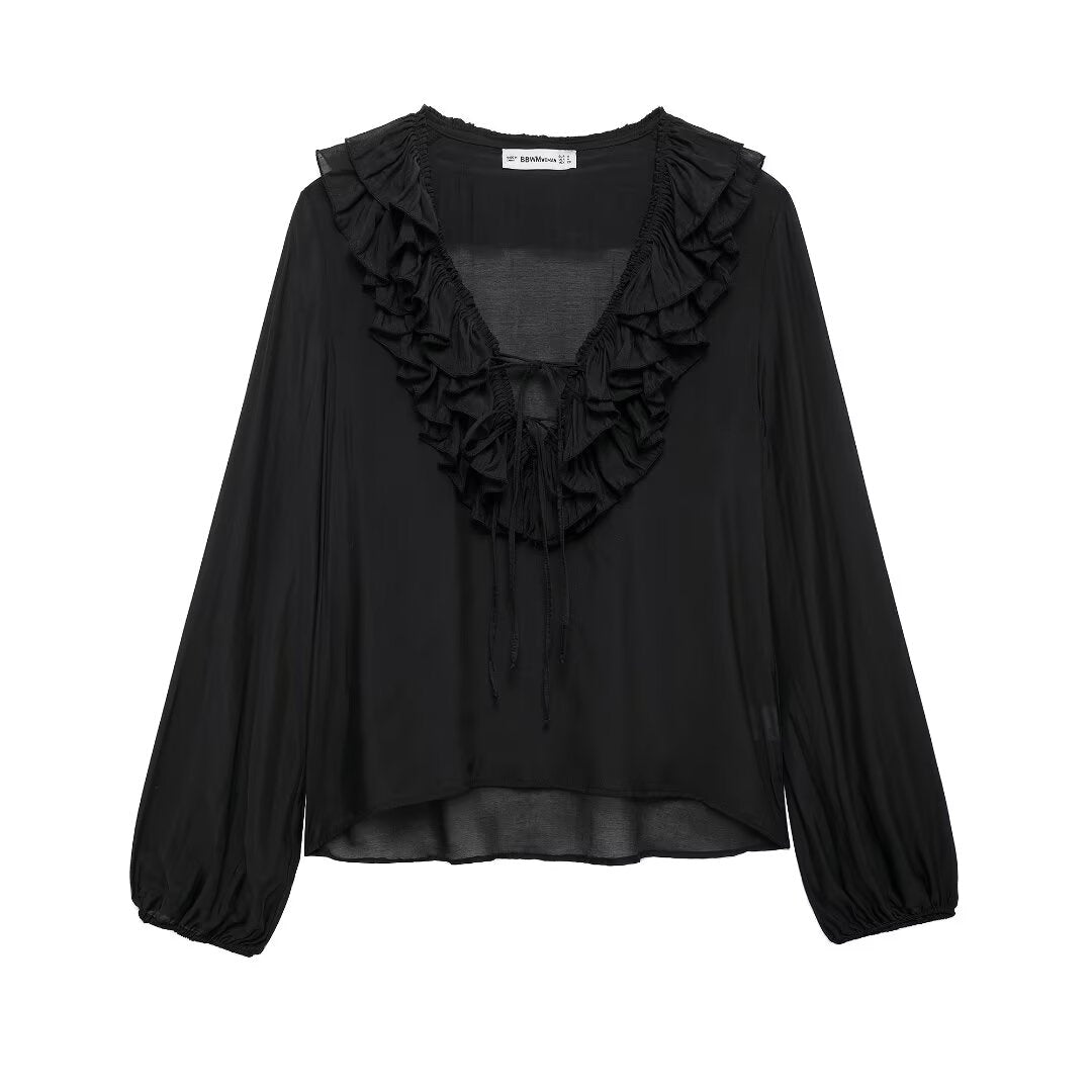 Autumn Women Graceful Fashionable Top Laminated Decoration Long Sleeve Shirt Black