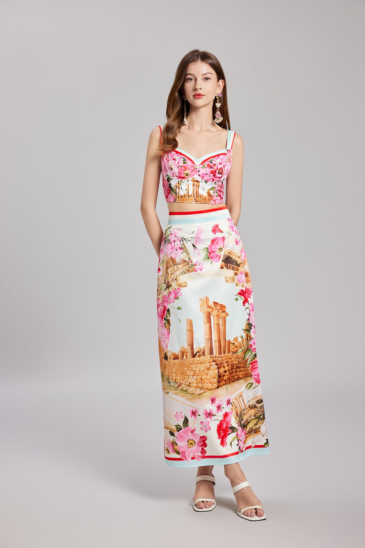 Summer Printed Stitching Three Dimensional Tube Top Strap Skirt Two Piece Set With Breast Pad Multi-1