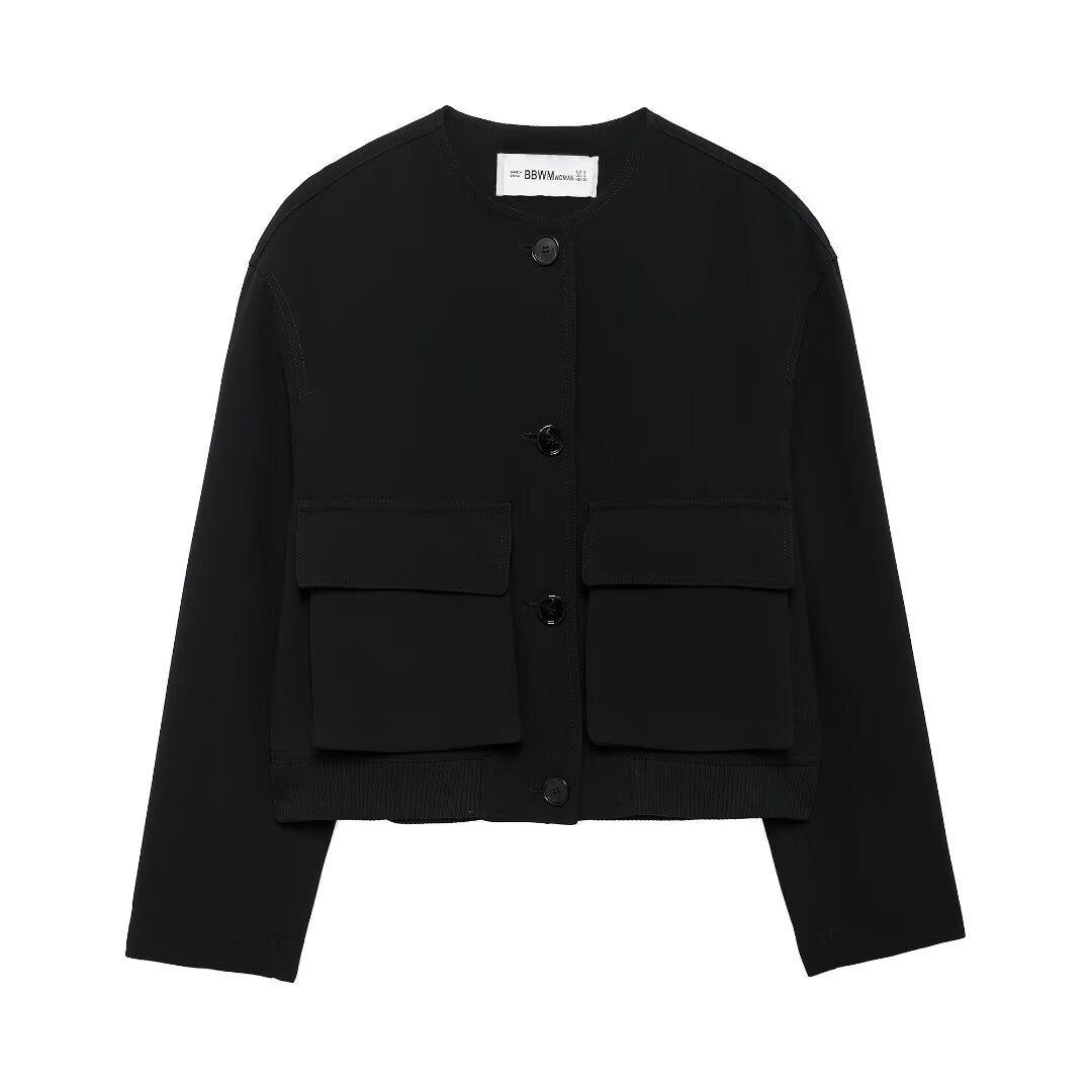 Women Clothing Simple Pocket Bomber Jacket Coat Black