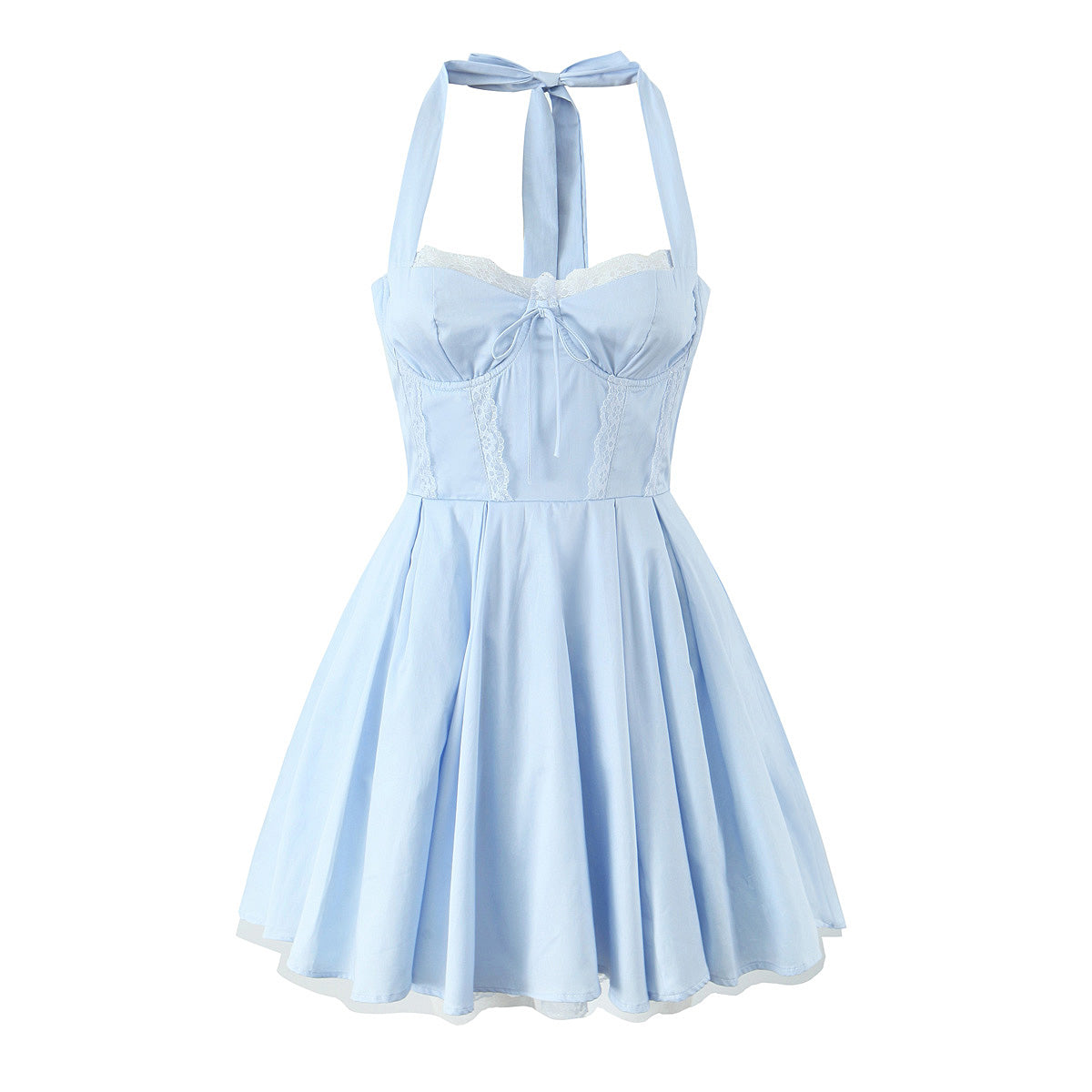 Women Blue Halter Dress Fitted Waist Backless Sweet Pettidress Light Blue