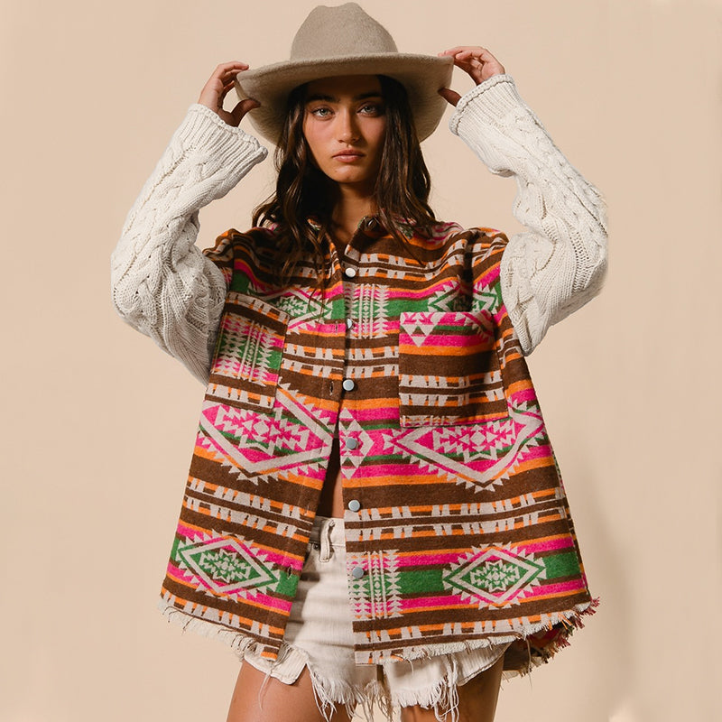 Women Clothing Popular Knitted Sleeve Patchwork Wool Coat Aztec Ethnic Loose Jacket Brown