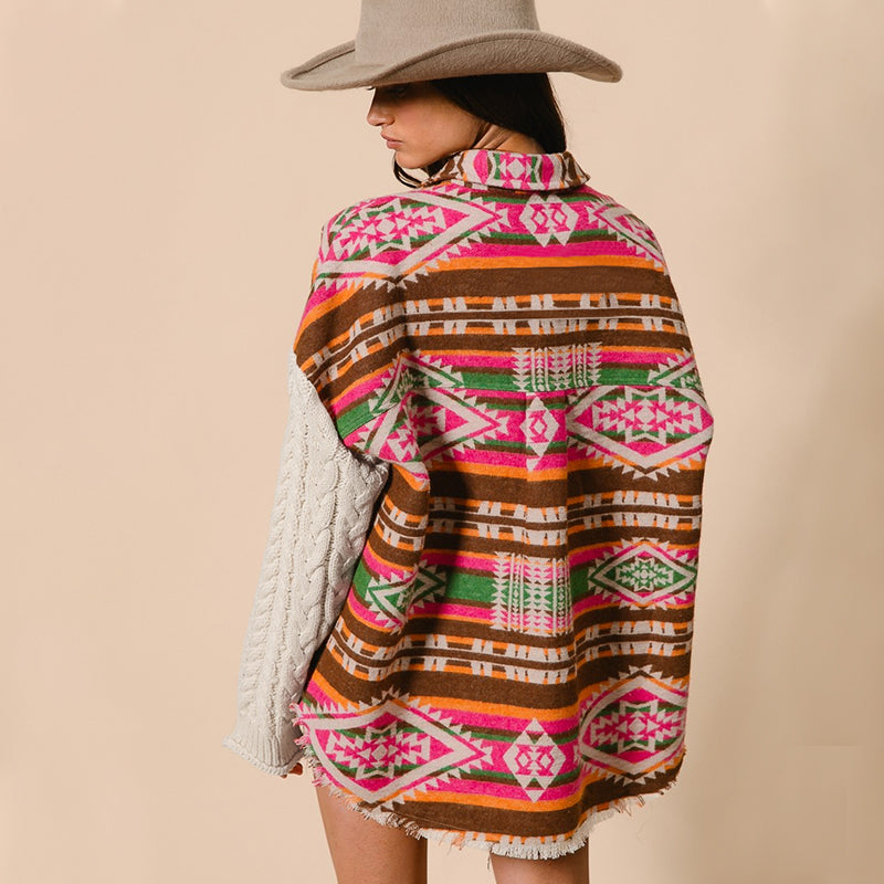 Women Clothing Popular Knitted Sleeve Patchwork Wool Coat Aztec Ethnic Loose Jacket